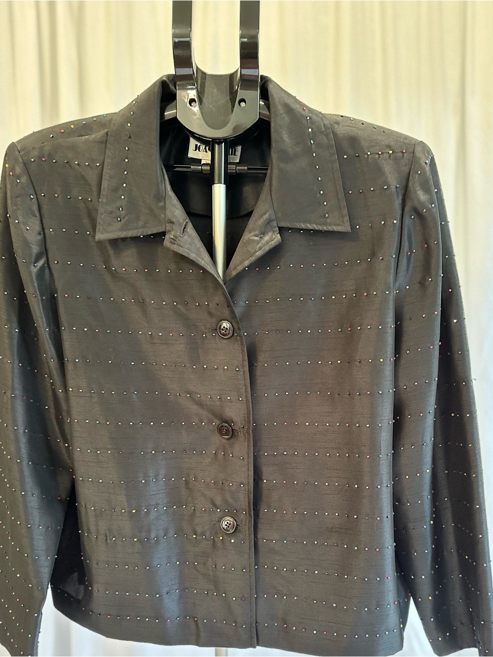 Joan Leslie Black Button-Front Cropped Blazer with multi-colored beads